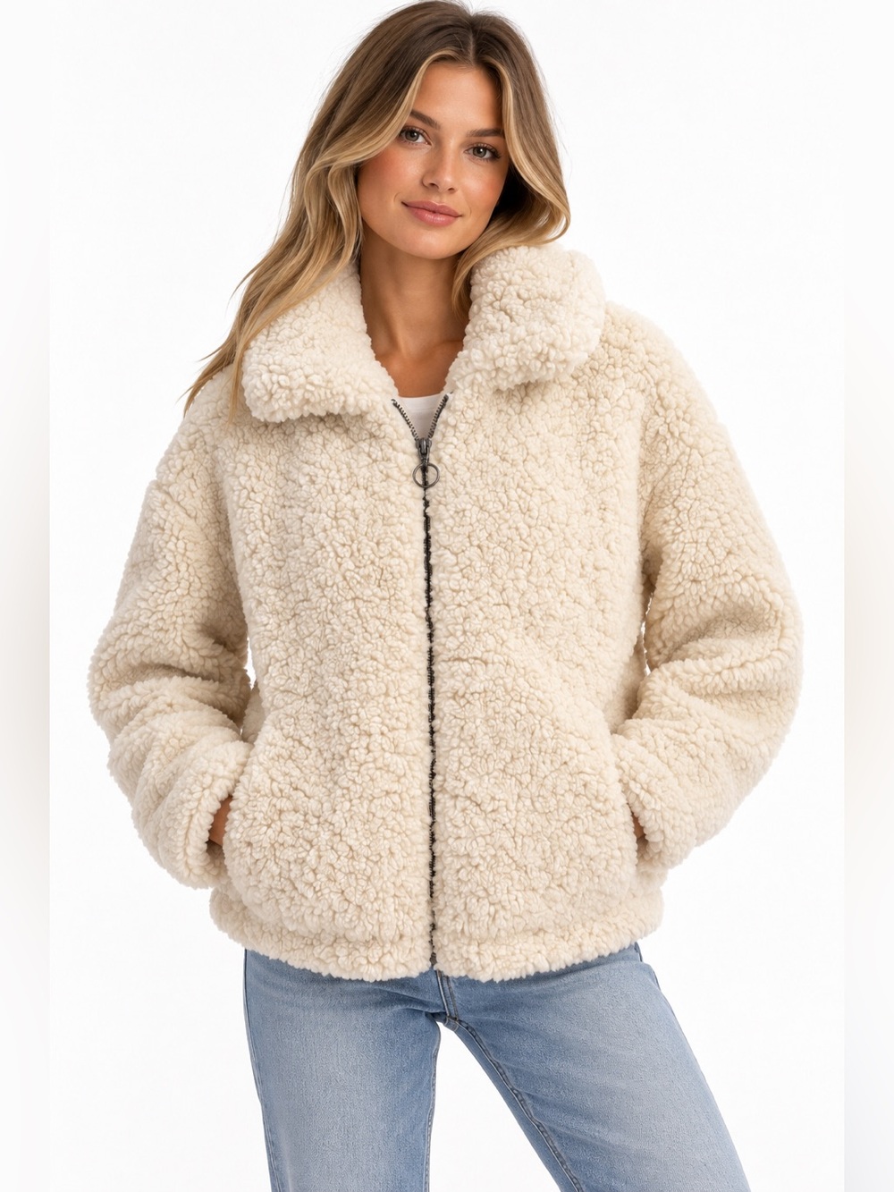 ZARA Cream Teddy Sherpa Faux Shearling Zip Jacket O-Ring Size S